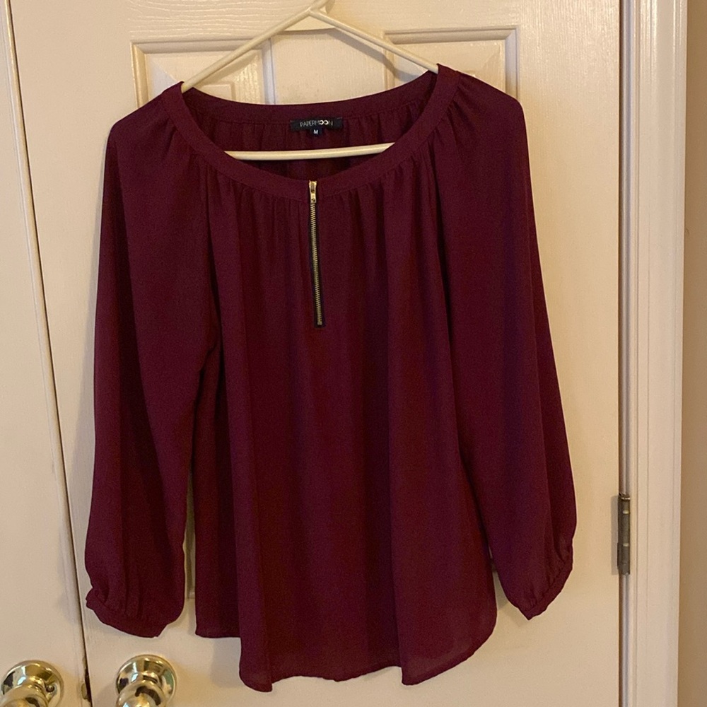 Paper Moon burgundy blouse with gold zipper and buttons. Only worn once!